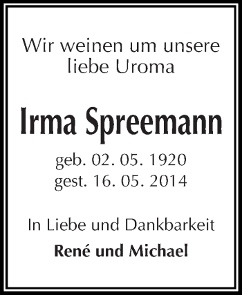 Traueranzeige von Irma Spreemann von Mitteldeutsche Zeitung Halle/Saalkreis