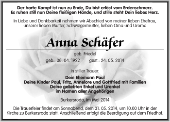 Traueranzeige von Anna Schäfer von Mitteldeutsche Zeitung Naumburg/Nebra