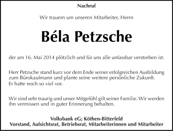 Traueranzeige von Béla Petzsche von Mitteldeutsche Zeitung Köthen