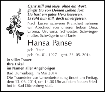 Traueranzeige von Hansa Panse von Mitteldeutsche Zeitung Merseburg/Querfurt