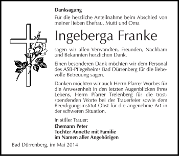 Traueranzeige von Ingeberga Franke von Mitteldeutsche Zeitung Merseburg/Querfurt