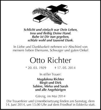 Traueranzeige von Otto Richter von Mitteldeutsche Zeitung Köthen