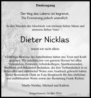 Traueranzeige von Dieter Nicklas von Mitteldeutsche Zeitung Sangerhausen
