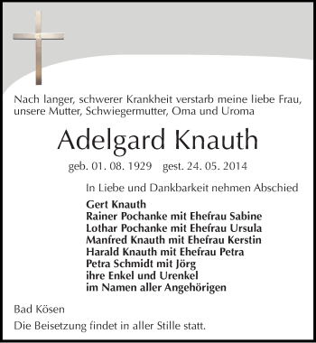 Traueranzeige von Adelgard Knauth von Mitteldeutsche Zeitung Naumburg/Nebra