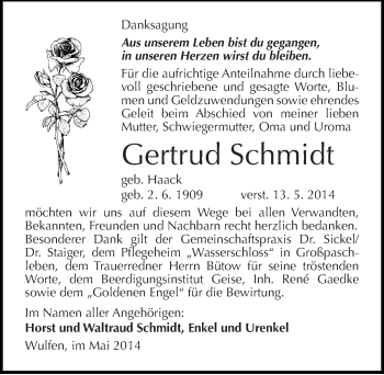 Traueranzeige von Gertrud Schmidt von Mitteldeutsche Zeitung Köthen