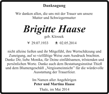 Traueranzeige von Brigitte Haase von Mitteldeutsche Zeitung Quedlinburg