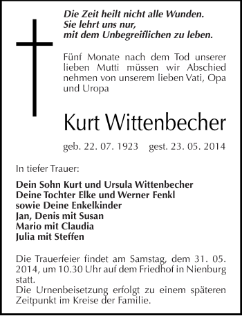 Traueranzeige von Kurt Wittenbecher von Mitteldeutsche Zeitung Bernburg