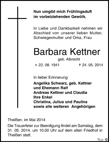 Traueranzeige von Barbara Kettner von Mitteldeutsche Zeitung Zeitz