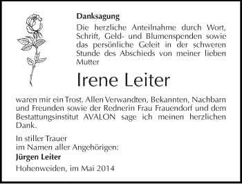 Traueranzeige von Irene Leiter von Mitteldeutsche Zeitung Halle/Saalkreis