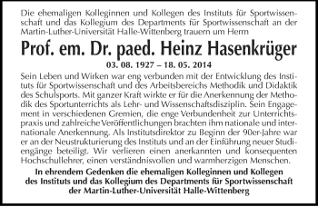 Traueranzeige von Heinz Hasenkrüger von Mitteldeutsche Zeitung Halle/Saalkreis