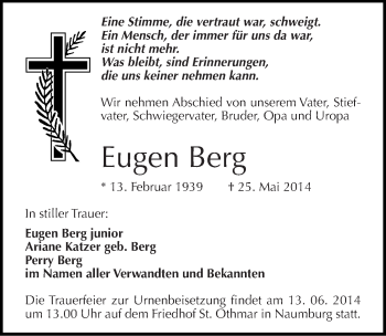 Traueranzeige von Eugen Berg von Mitteldeutsche Zeitung Naumburg/Nebra
