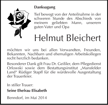 Traueranzeige von Helmut Bleichert von Mitteldeutsche Zeitung Mansfelder Land