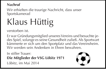 Traueranzeige von Klaus Hüttig von Mitteldeutsche Zeitung Naumburg/Nebra