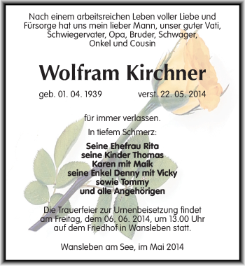 Traueranzeige von Wolfram Kirchner von Mitteldeutsche Zeitung Mansfelder Land