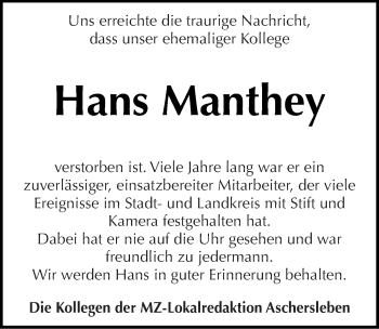 Traueranzeige von Hans Manthey von Mitteldeutsche Zeitung Aschersleben