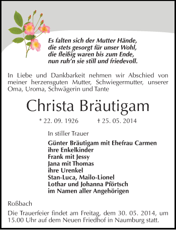 Traueranzeige von Christa Bräutigam von Mitteldeutsche Zeitung Naumburg/Nebra