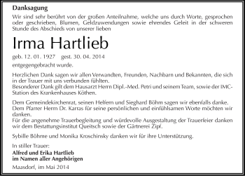 Traueranzeige von Irma Hartlieb von Mitteldeutsche Zeitung Köthen