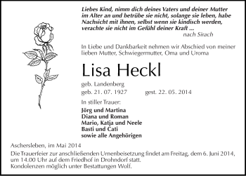 Traueranzeige von Lisa Heckl von Mitteldeutsche Zeitung Aschersleben