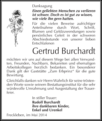 Traueranzeige von Gertrud Burchardt von Mitteldeutsche Zeitung Aschersleben