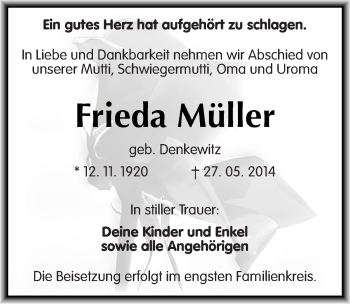 Traueranzeige von Frieda Müller von Mitteldeutsche Zeitung Dessau-Roßlau