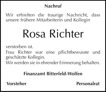 Traueranzeige von Rosa Richter von Mitteldeutsche Zeitung Bitterfeld