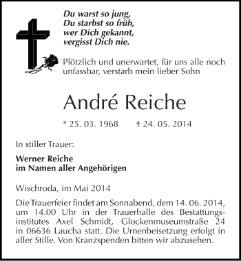 Traueranzeige von André Reiche von Mitteldeutsche Zeitung Naumburg/Nebra