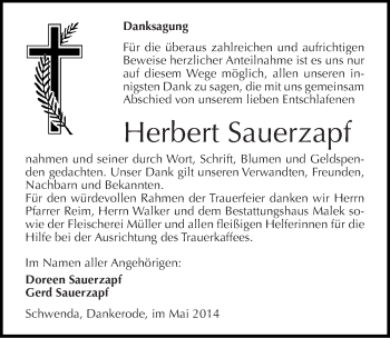 Traueranzeige von Herbert Sauerzapf von Mitteldeutsche Zeitung