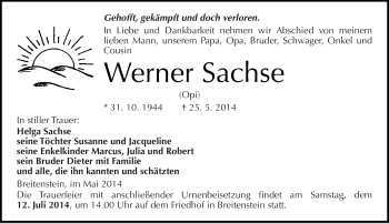 Traueranzeige von Werner Sachse von Mitteldeutsche Zeitung Sangerhausen