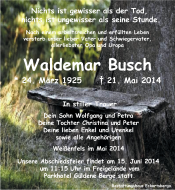 Traueranzeige von Waldemar Busch von Mitteldeutsche Zeitung Weißenfels