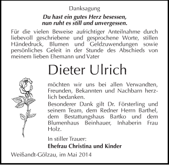 Traueranzeige von Dieter Ulrich von Mitteldeutsche Zeitung Köthen