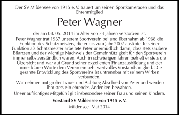Traueranzeige von Peter Wagner von Mitteldeutsche Zeitung Dessau-Roßlau