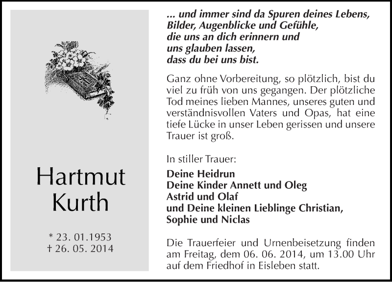  Traueranzeige für Hartmut Kurth vom 31.05.2014 aus Mitteldeutsche Zeitung Mansfelder Land