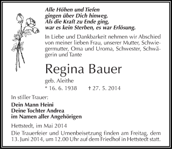 Traueranzeige von Regina Bauer von Mitteldeutsche Zeitung Mansfelder Land