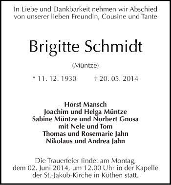 Traueranzeige von Brigitte Schmidt von Mitteldeutsche Zeitung Köthen