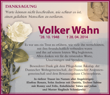 Traueranzeige von Volker Wahn von Mitteldeutsche Zeitung Halle/Saalkreis
