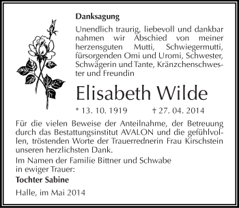 Traueranzeige von Elisabeth Wilde von Mitteldeutsche Zeitung Halle/Saalkreis