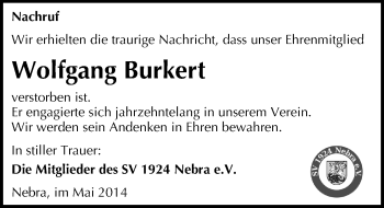 Traueranzeige von Wolfgang Burkert von Mitteldeutsche Zeitung Naumburg/Nebra