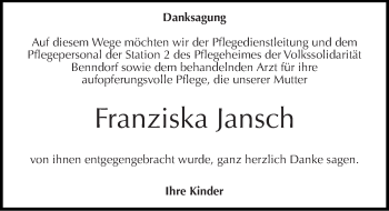Traueranzeige von Franziska Jansch von Mitteldeutsche Zeitung Mansfelder Land