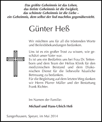 Traueranzeige von Günter Heß von Mitteldeutsche Zeitung Sangerhausen