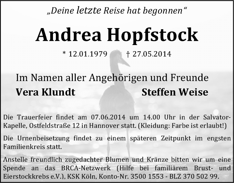  Traueranzeige für Andrea Hopfstock vom 31.05.2014 aus Mitteldeutsche Zeitung Sangerhausen
