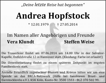 Traueranzeige von Andrea Hopfstock von Mitteldeutsche Zeitung Sangerhausen