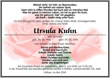 Traueranzeige von Ursula Kuhn von Mitteldeutsche Zeitung Köthen