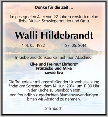 Traueranzeige von Walli Hildebrandt von Mitteldeutsche Zeitung Naumburg/Nebra