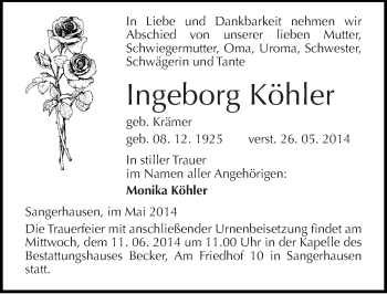 Traueranzeige von Ingeborg Köhler von Mitteldeutsche Zeitung Sangerhausen