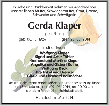 Traueranzeige von Gerda Klaper von Mitteldeutsche Zeitung Sangerhausen