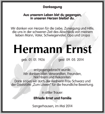 Traueranzeige von Hermann Ernst von Mitteldeutsche Zeitung Sangerhausen