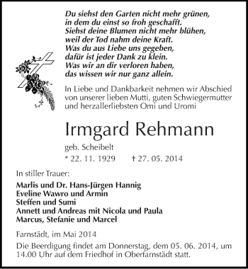 Traueranzeige von Irmgard Rehmann von Mitteldeutsche Zeitung Merseburg/Querfurt