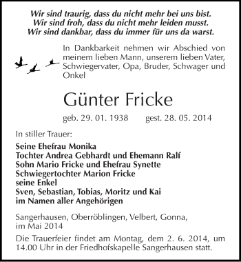 Traueranzeige von Günter Fricke von Mitteldeutsche Zeitung Sangerhausen