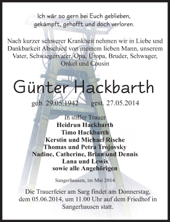 Traueranzeige von Günter Hackbarth von Mitteldeutsche Zeitung Sangerhausen