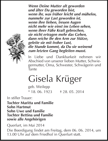 Traueranzeige von Gisela Krüger von Mitteldeutsche Zeitung Merseburg/Querfurt